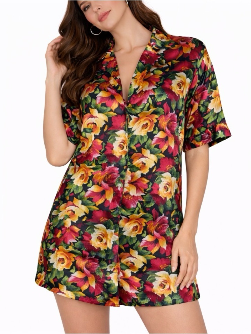 Victoria's Secret pajama top long full button up Gold Label black/floral SZ M/L